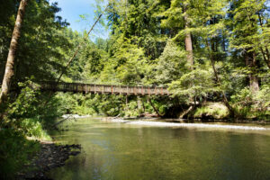 Cazadero's iconic suspension bridge over Austin Creek
